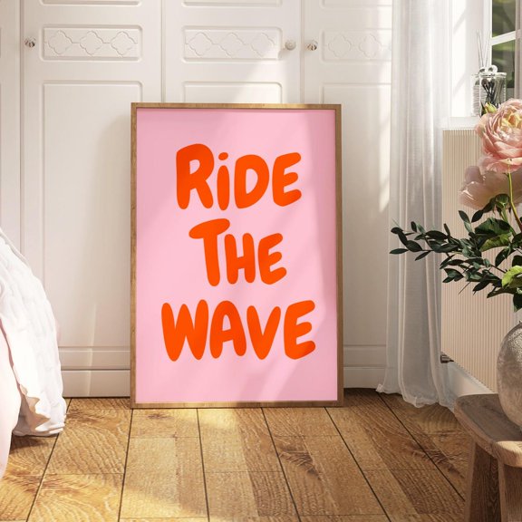 Ride The Wave Surf Inspired Motivational Quote Pink Coastal Boho Girly Beach Room Daily Reminder, Stretched Canvas 8x10in