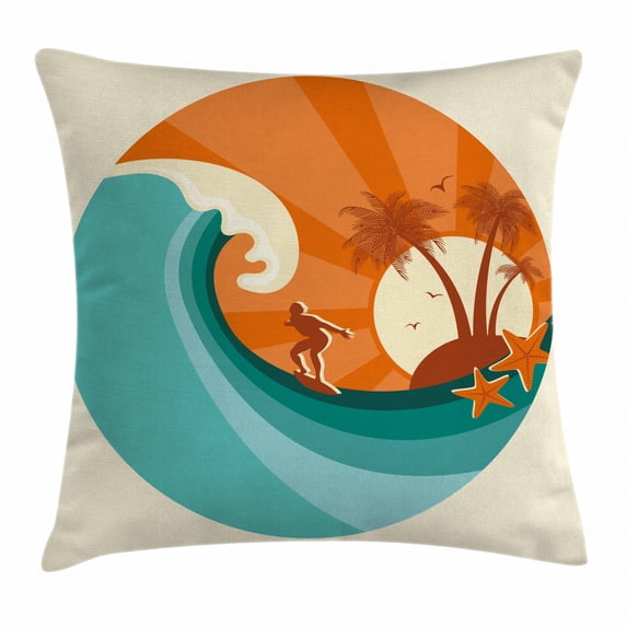 Ride The Wave Throw Pillow Cushion Cover, Retro Man Surfing at Beach Island Coconut Palm Trees Illustration, Decorative Square Accent Pillow Case, 20 X 20 Inches, Teal Vermilion Cream, by Ambesonne