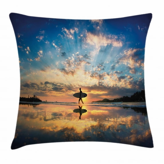Ride The Wave Throw Pillow Cushion Cover, Surfer Walking Before Horizon with Cloudy Sky Coastal Charm Image, Decorative Square Accent Pillow Case, 16 X 16 Inches, Violet Blue Sepia, by Ambesonne