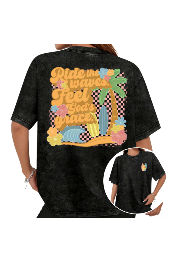 Ride The Waves Feel God's Grace Retro Checkered Palm Tree Surf Graphic Tees T-shirt Tops Short Sleeve Black S-2XL Plus Size