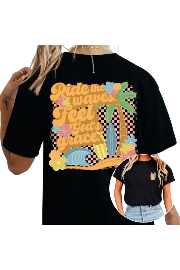 Ride The Waves Feel God's Grace Retro Checkered Palm Tree Surf Graphic Tees T-shirt Tops Short Sleeve Black S-5XL