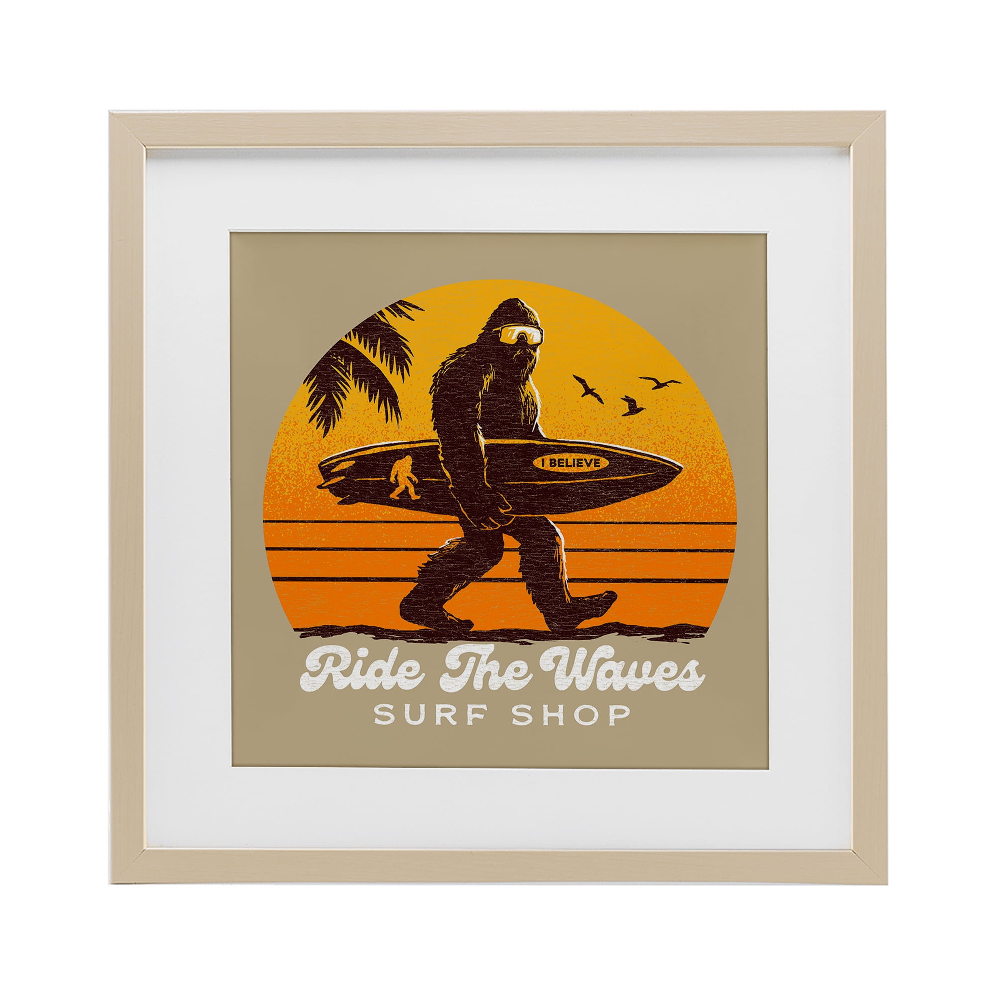 Ride The Waves Surf Shop Birch Framed Print Under Glass, design by Jedco Brands Inc.