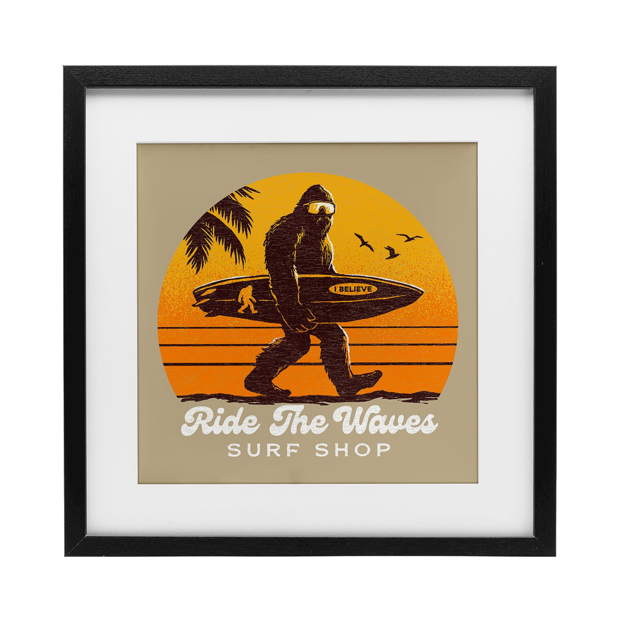 Ride The Waves Surf Shop Black Framed Print Under Glass, design by Jedco Brands Inc.