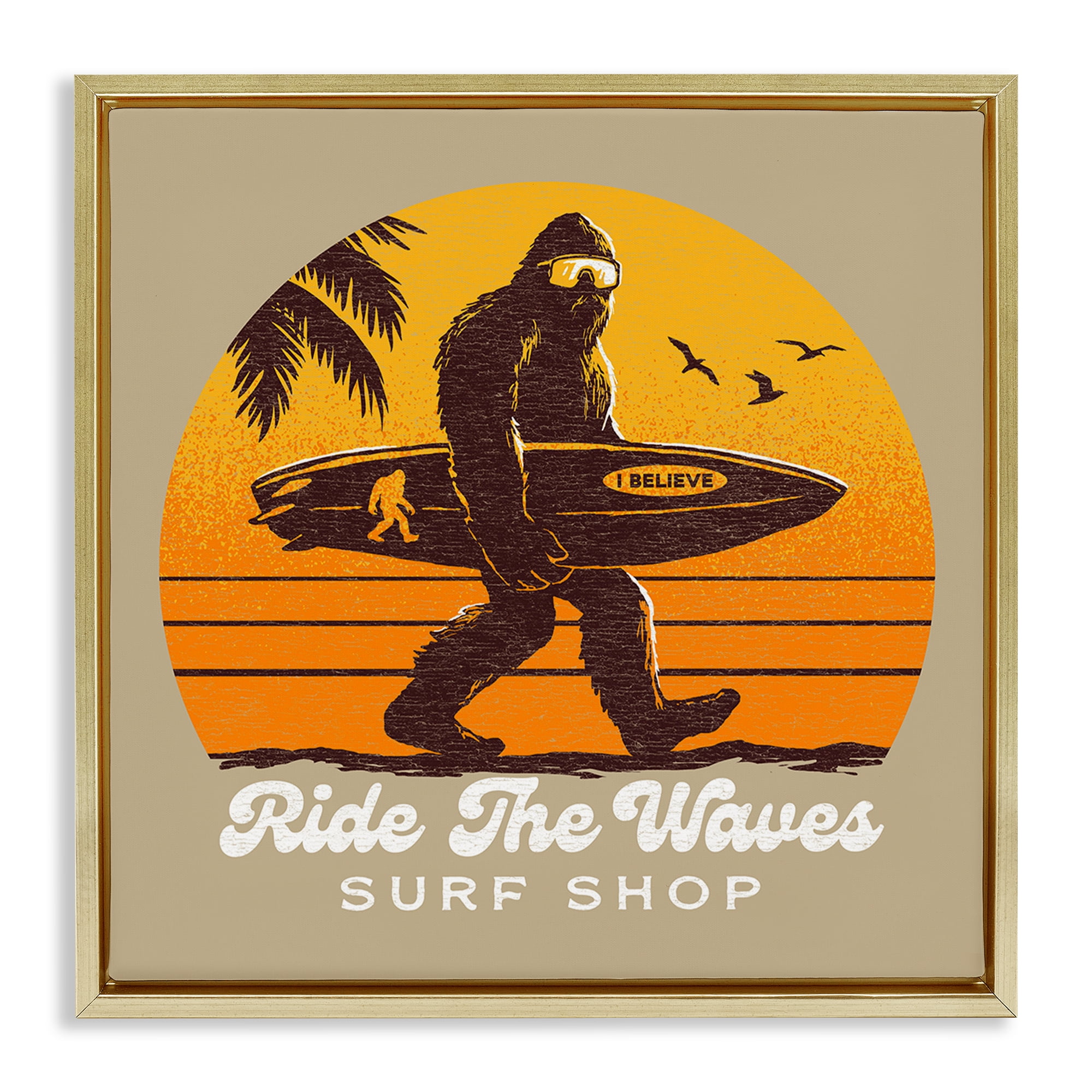 Ride The Waves Surf Shop Gold Framed Floater Canvas Wall Art, design by Jedco Brands Inc.