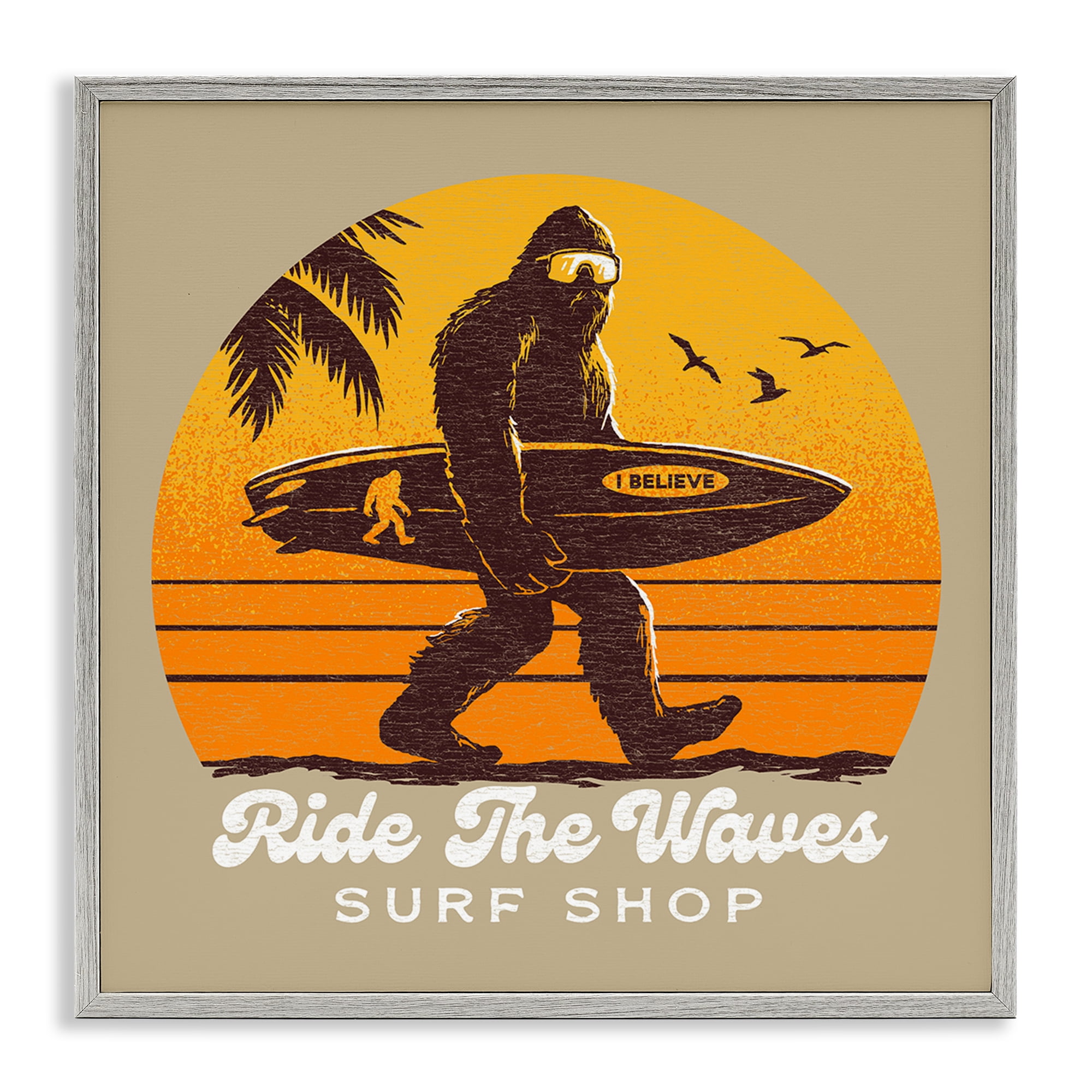 Ride The Waves Surf Shop Gray Framed Giclee Art, design by Jedco Brands Inc.
