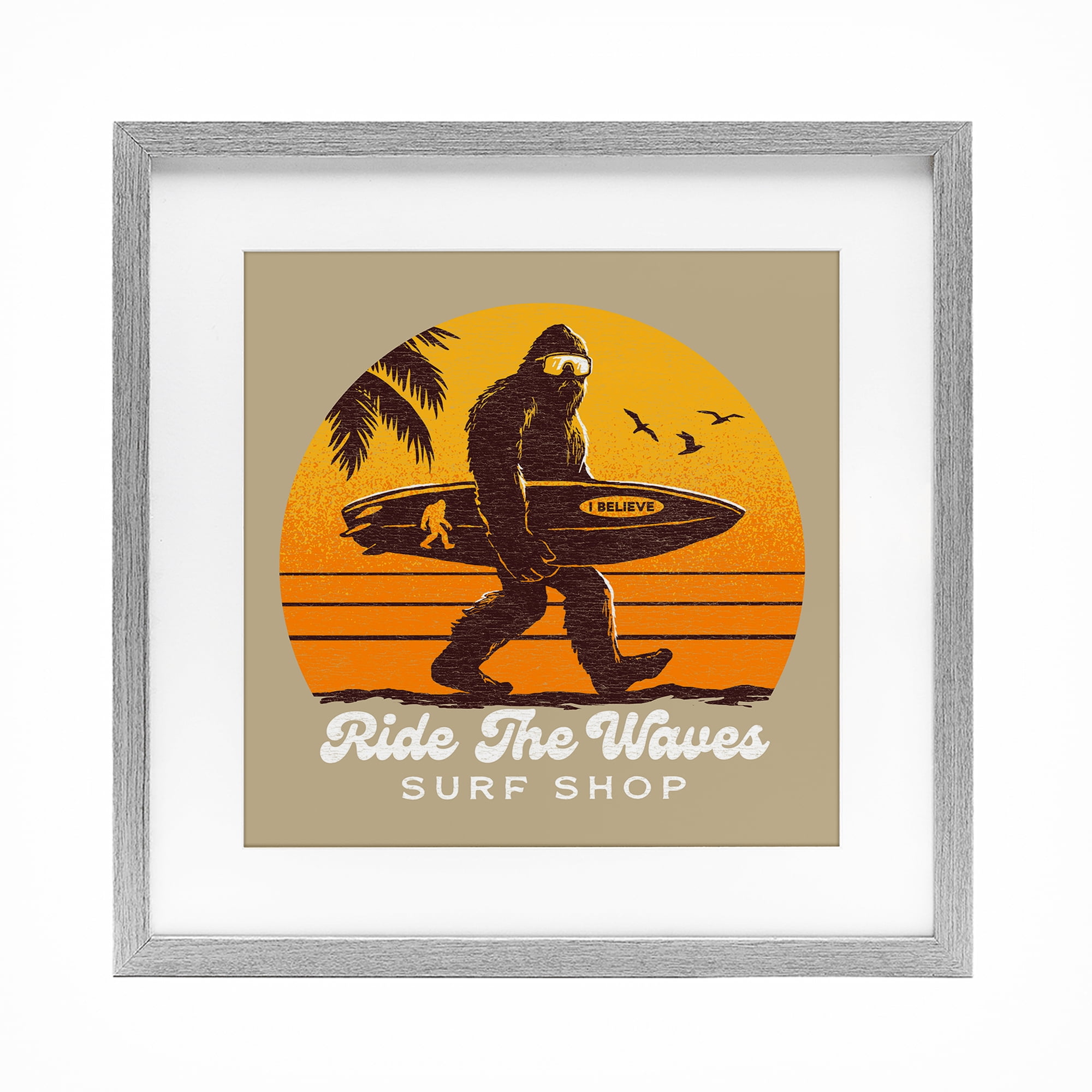 Ride The Waves Surf Shop Gray Framed Print Under Glass, design by Jedco Brands Inc.