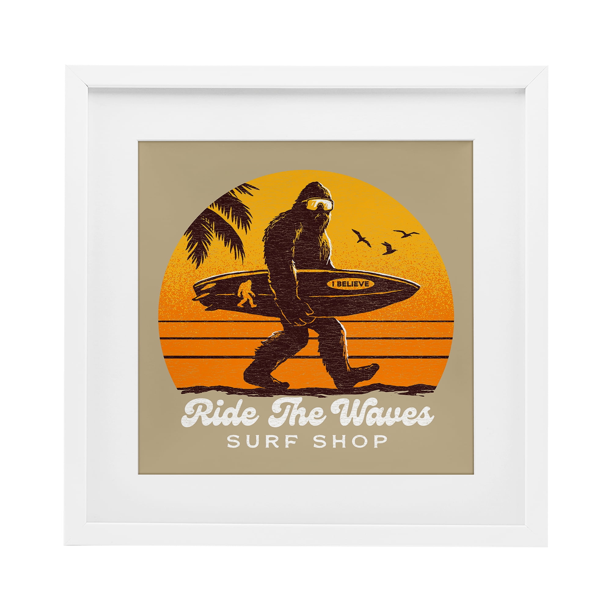 Ride The Waves Surf Shop White Framed Print Under Glass, design by Jedco Brands Inc.