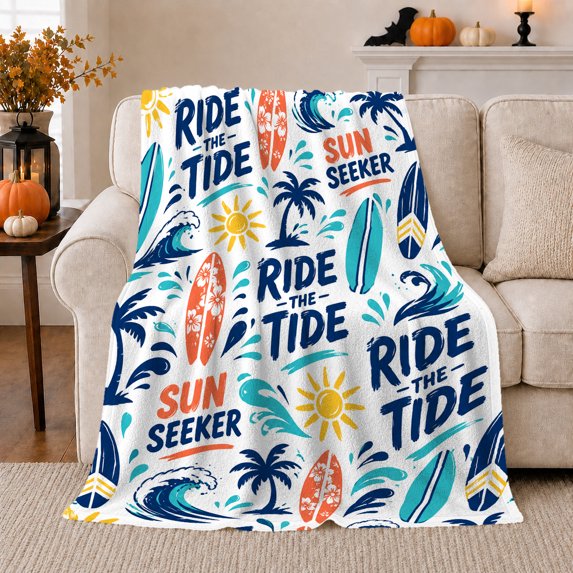 Ride the Tide Sun Seeker Surf Pattern, Energetic Coastal Style for Beach Lovers, Wave and Palm Quote Motif and Father’s Day Gift, Cozy Flannel Blanket for Beach House and Dorm, Home Decor