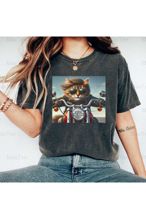 Ride To Live Live To Ride Funny Biker Cat Motorcycle Comfort Color T-Shirt, Up to Size 4XL