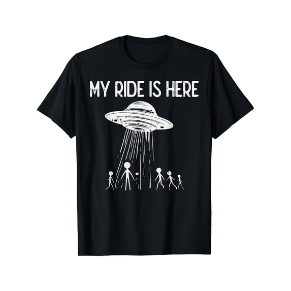 My Ride Is Here UFO Alien Graphic Tee for Men Women, Vintage Flying Saucer Short Sleeve T-Shirt, Retro Sci-Fi Casual Crew Neck Top for Alien Lover Gift