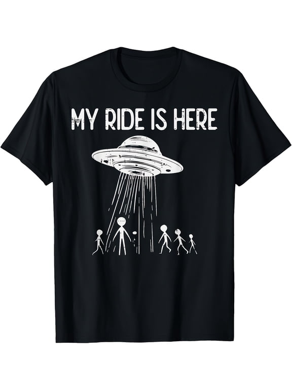 My Ride Is Here UFO Alien Graphic Tee for Men Women, Vintage Flying Saucer Short Sleeve T-Shirt, Retro Sci-Fi Casual Crew Neck Top for Alien Lover Gift