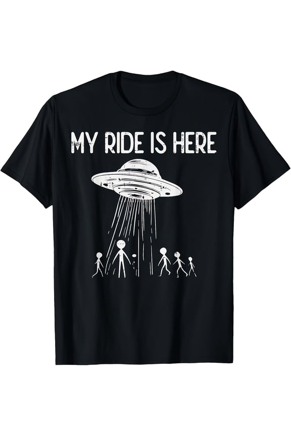 My Ride Is Here UFO Alien Graphic Tee for Men Women, Vintage Flying Saucer Short Sleeve T-Shirt, Retro Sci-Fi Casual Crew Neck Top for Alien Lover Gift