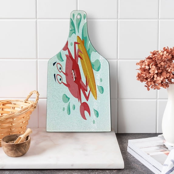 Ride the Wave Cutting Board, Caricature Crab Surfing in the Sea Sports Adventure Illustration, Tempered Glass Cutting and Serving Board, Wine Bottle Shape, Dark Coral Mint Orange, by Ambesonne