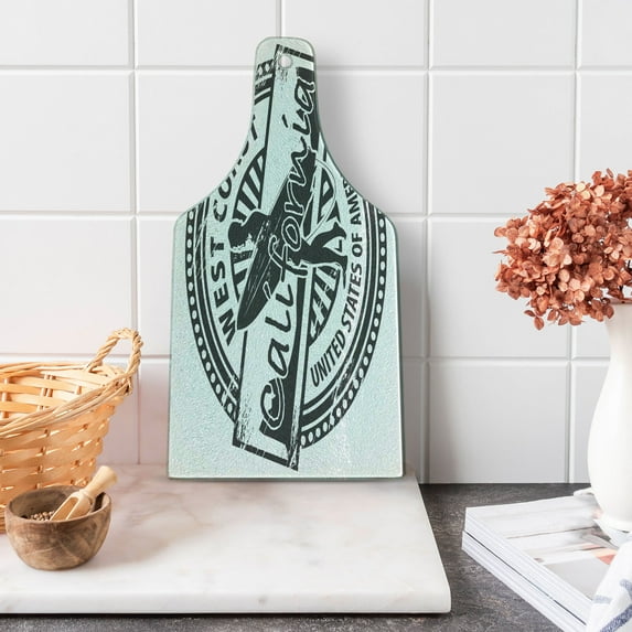 Ride the Wave Cutting Board, West Coast California United States of America Grunge Vintage Stamp Print, Tempered Glass Cutting and Serving Board, Wine Bottle Shape, Grey White, by Ambesonne
