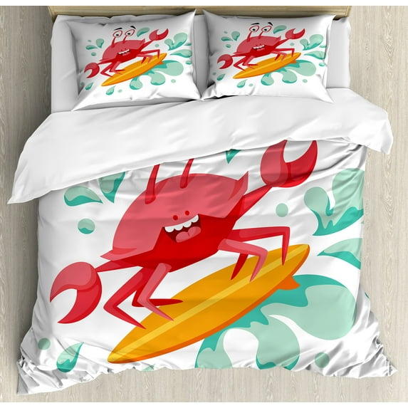 Ride the Wave Duvet Cover Set, Caricature Crab Surfing in the Sea Sports Adventure Illustration, Decorative 3 Piece Bedding Set with 2 Pillow Shams, Queen Size, Dark Coral Mint Orange, by Ambesonne