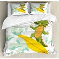 thumbnail image 1 of Ride the Wave Duvet Cover Set, Crocodile Surfing Caricature Humor Wild Sea Illustration, Decorative 3 Piece Bedding Set with 2 Pillow Shams, King Size, Olive Green Mint Yellow, by Ambesonne, 1 of 3