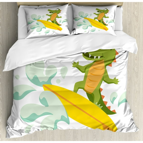 Ride the Wave Duvet Cover Set, Crocodile Surfing Caricature Humor Wild Sea Illustration, Decorative 3 Piece Bedding Set with 2 Pillow Shams, King Size, Olive Green Mint Yellow, by Ambesonne
