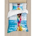 thumbnail image 1 of Ride the Wave Duvet Cover Set, Dog in the Ocean Surfing Cool Puppy Swimming Comic Coastal Animal Picture, Decorative 2 Piece Bedding Set with 1 Pillow Shams, Twin Size, Blue Yellow, by Ambesonne, 1 of 3