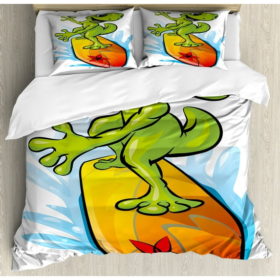 Ride the Wave Duvet Cover Set, Gecko Surfing with the Waternimal Humor Cartoon, Decorative 3 Piece Bedding Set with 2 Pillow Shams, Queen Size, Lime Green Sky Blue, by Ambesonne