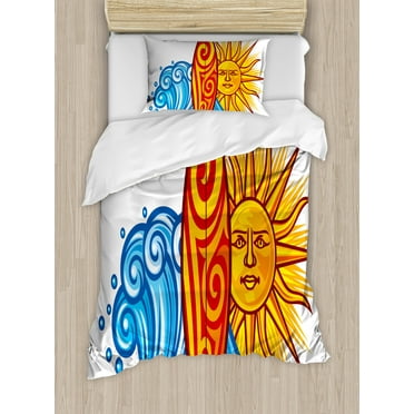 Ride the Wave Duvet Cover Set, Ocean Sun and Surfboard Print Lifestyle Summer Freedom Image, Decorative 2 Piece Bedding Set with 1 Pillow Shams, Twin Size, Vermilion Yellow Blue, by Ambesonne