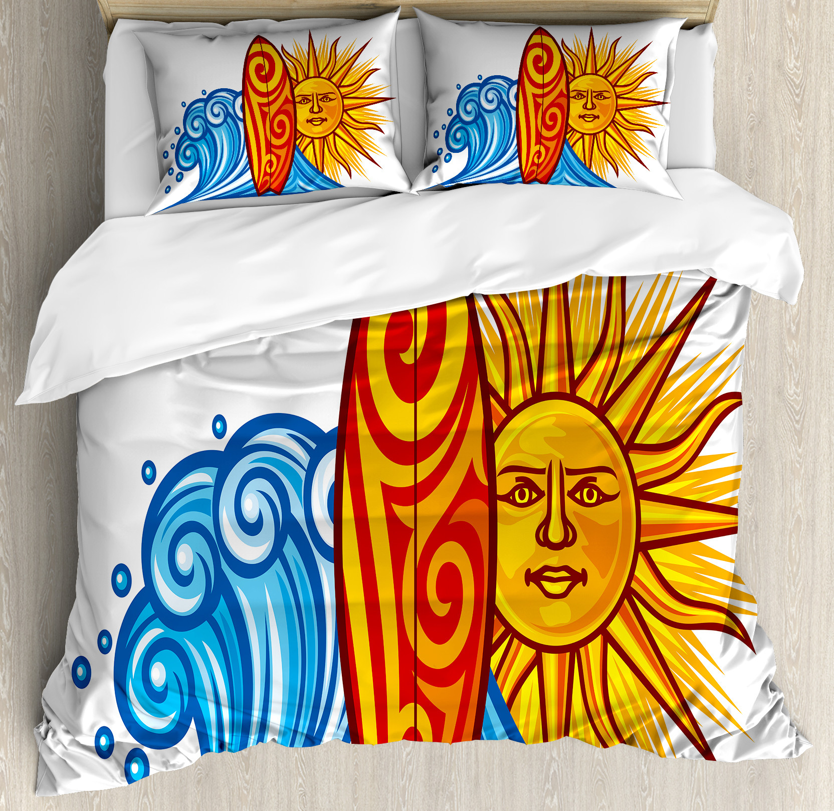 Ride the Wave Duvet Cover Set, Ocean Sun and Surfboard Print Lifestyle