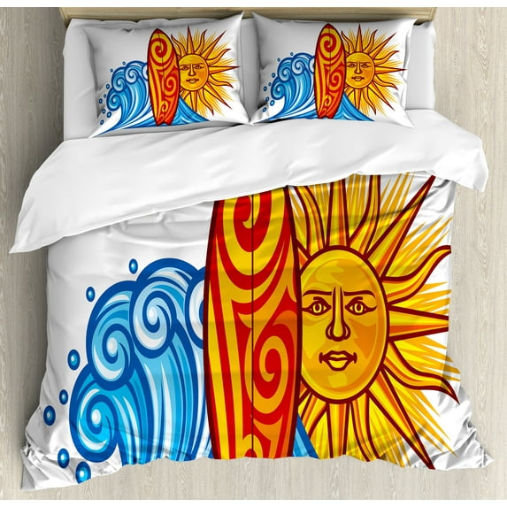 Ride the Wave Duvet Cover Set, Ocean Sun and Surfboard Print Lifestyle Summer Freedom Image, Decorative 3 Piece Bedding Set with 2 Pillow Shams, Queen Size, Vermilion Yellow Blue, by Ambesonne
