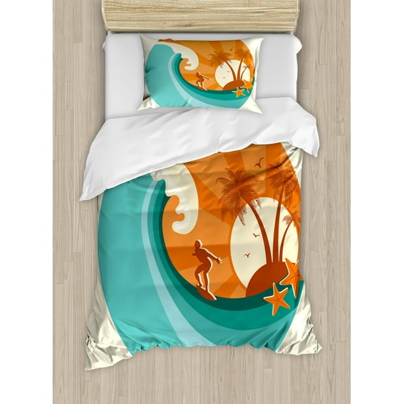 Ride the Wave Duvet Cover Set, Retro Man Surfing at Beach Island Coconut Palm Trees Illustration, Decorative 2 Piece Bedding Set with 1 Pillow Shams, Twin Size, Orange Cream and Teal, by Ambesonne
