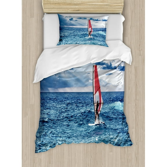 Ride the Wave Duvet Cover Set, Windsurfer in the Sea Exotic Adventure Happy Summer Beach Challenge Picture, Decorative 2 Piece Bedding Set with 1 Pillow Shams, Twin Size, Night Blue, by Ambesonne
