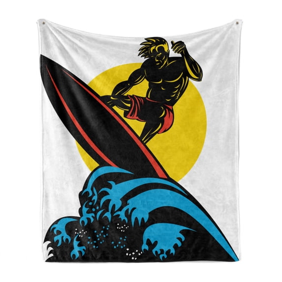 Ride the Wave Soft Flannel Fleece Blanket, Dude Surfing the Big Waves in Ocean Exotic Sports Sea Beach Hobby Graphic Art, Cozy Plush for Indoor and Outdoor Use, 70" x 90", Multicolor, by Ambesonne