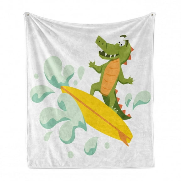 Ride the Wave Soft Flannel Fleece Throw Blanket, Crocodile Surfing Caricature Humor Wild Sea Illustration, Cozy Plush for Indoor and Outdoor Use, 70" x 90", Olive Green Mint Yellow, by Ambesonne