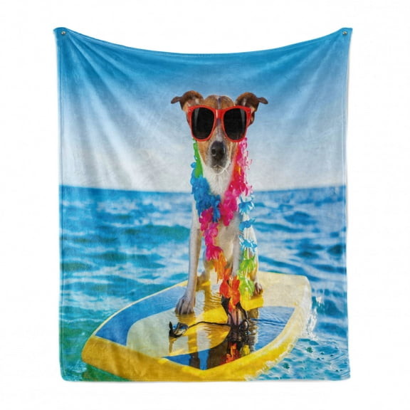 Ride the Wave Soft Flannel Fleece Throw Blanket, Dog in the Ocean Surfing Cool Puppy Swimming Comic Coastal Animal Picture, Cozy Plush for Indoor and Outdoor Use, 50" x 60", Blue Yellow, by Ambesonne