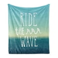 thumbnail image 1 of Ride the Wave Soft Flannel Fleece Throw Blanket, Ride the Wave Words with Ocean Horizon Background Graphic Art, Cozy Plush for Indoor and Outdoor Use, 70" x 90", Mint Green Petrol Blue, by Ambesonne, 1 of 5