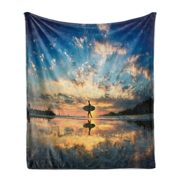 Ride the Wave Soft Flannel Fleece Throw Blanket, Surfer Walking Before Horizon with Cloudy Sky Coastal Charm Image, Cozy Plush for Indoor and Outdoor Use, 50" x 70", Violet Blue Sepia, by Ambesonne