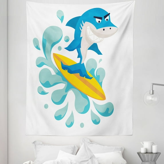 Ride the Wave Tapestry, Funny Shark Surfing in the Ocean Athletic Fish Graphic Art, Fabric Wall Hanging Decor for Bedroom Living Room Dorm, 5 Sizes, Violet Blue Turquoise, by Ambesonne