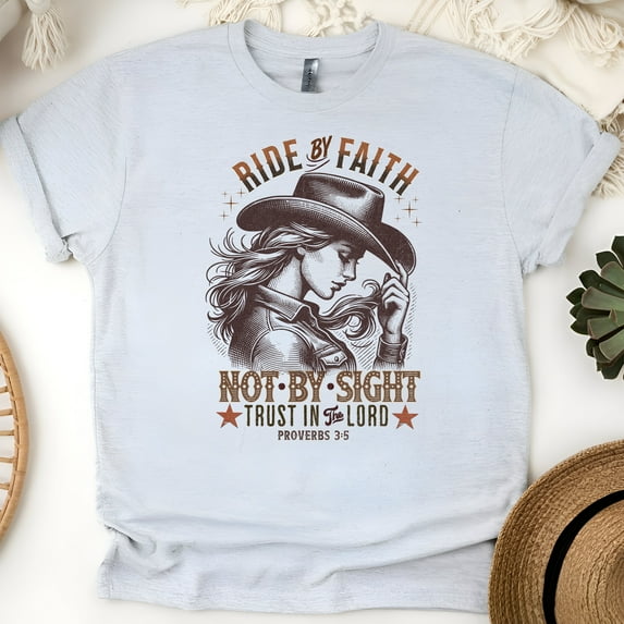 Ride by Faith Christian T-Shirt – Cowgirl Graphic Bible Verse Tee, Ash, Size S