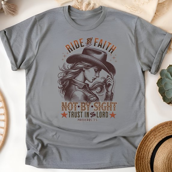 Ride by Faith Christian T-Shirt – Cowgirl Graphic Bible Verse Tee, Graphite Heather, Size 4XL