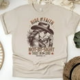 thumbnail image 1 of Ride by Faith Christian T-Shirt – Cowgirl Graphic Bible Verse Tee, Sand, Size L, 1 of 5