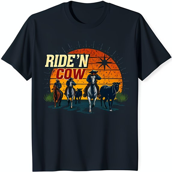 Ride'n Cow Black T-Shirt with Cowboy Horseback Riders at Sunset Design