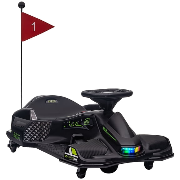 Ride-on Car 12V Electric Drifting Go Kart with Slow Start, Music, and Lights, Black PP and Steel, 35.5 x 20.75 x 39 in