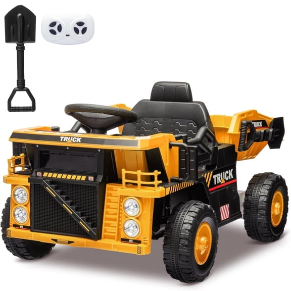 Ride on Dump Truck, 12 Volt Ride on Toys with Electric Dump Bed, Electric Car for Kids with Remote Control, Shoel, LED Lights, Musci Player, Yellow