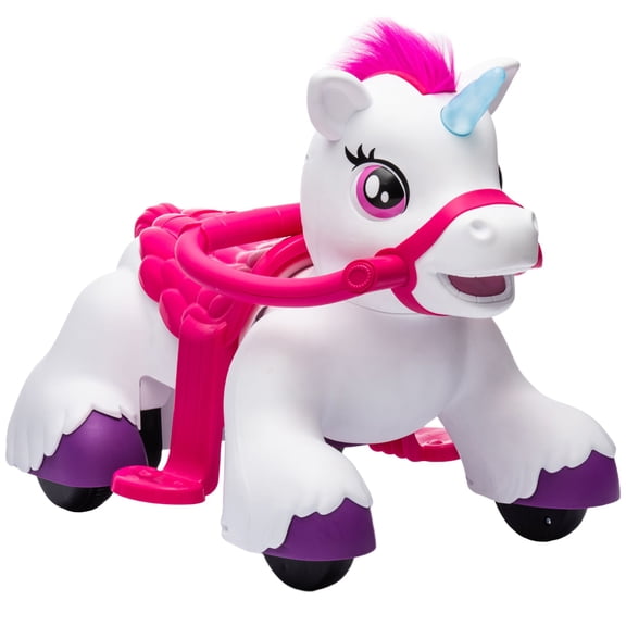 Ride-on Horse 12V Unicorn Toy with Interactive Sounds, White PP and Metal Construction for Indoor and Outdoor Play