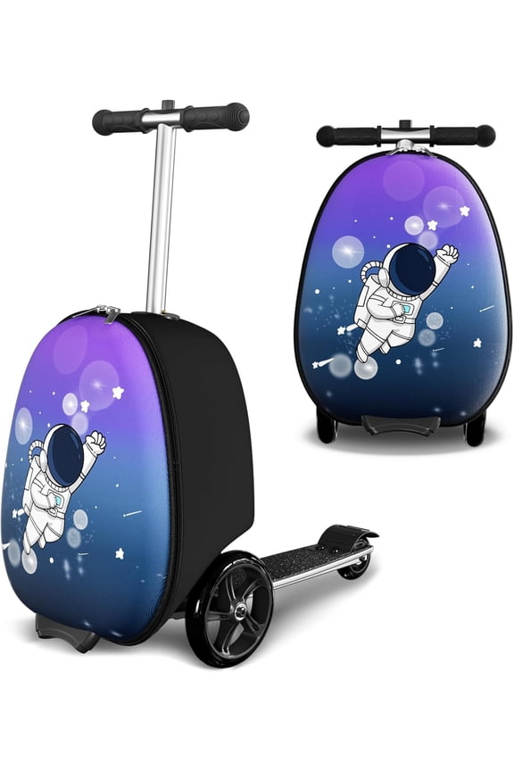 Ride-on Luggage, 20 L Capacity, 20 Inches Kids Scooter Suitcase with Flash PU Wheels, Adjustable Handle & TPR Non-Slip Grip, Foldable & Lightweight Scooter Luggage for Kids Aged 5+, Blue