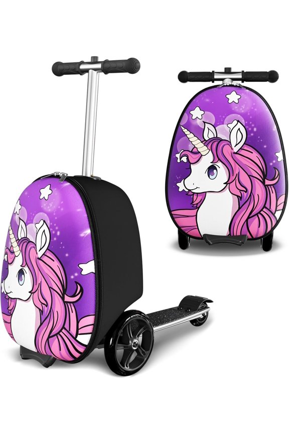 Ride-on Luggage, 20 L Capacity, 20 Inches Kids Scooter Suitcase with Flash PU Wheels, Adjustable Handle & TPR Non-Slip Grip, Foldable & Lightweight Scooter Luggage for Kids Aged 5+, Purple