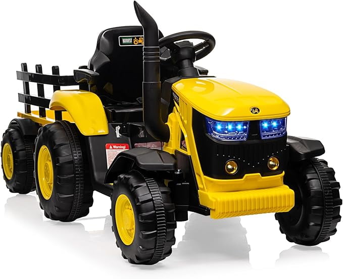 Yellow 12V Ride-On Tractor with Trailer and LED Lights