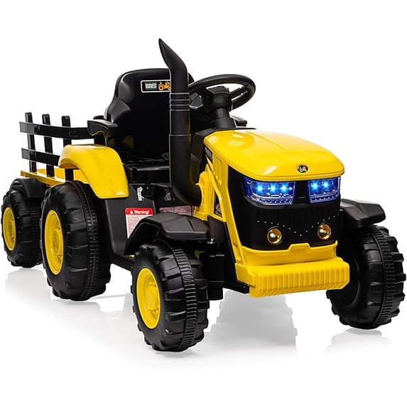 Ride on Tractor, 12 V Battery Powered Electric Vehicle Toy W/Remote Control, Music, Led Lights, Removable Trailer Bucket, Safety Belt