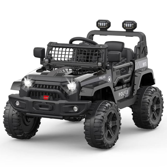 Ride on Truck Car 12V Kids Electric Mini Jeep with Remote Control Spring Suspension, LED Lights, Bluetooth, 2 Speeds (Black)