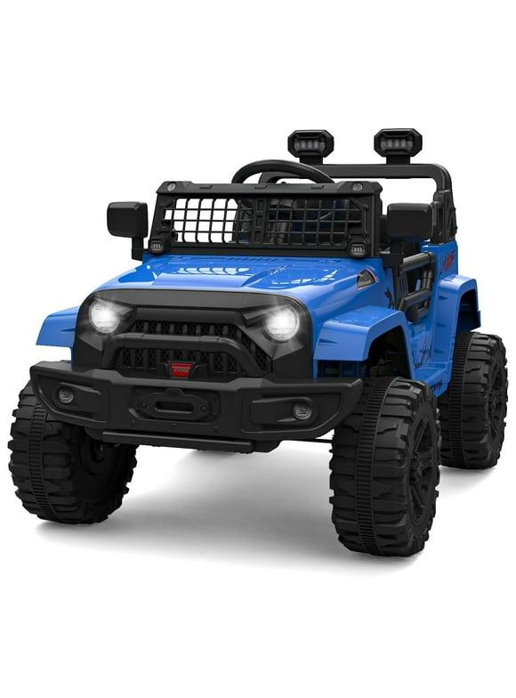 Ride on Truck Car 12V Kids Electric Mini Jeep with Remote Control Spring Suspension, LED Lights, Bluetooth, 2 Speeds (Blue)