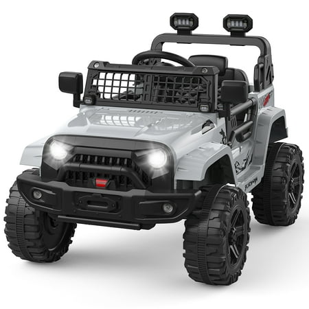 Ride on Truck Car 12V Kids Electric Vehicles with Remote Control Spring Suspension, LED Lights, Bluetooth, 2 Speeds,Grey