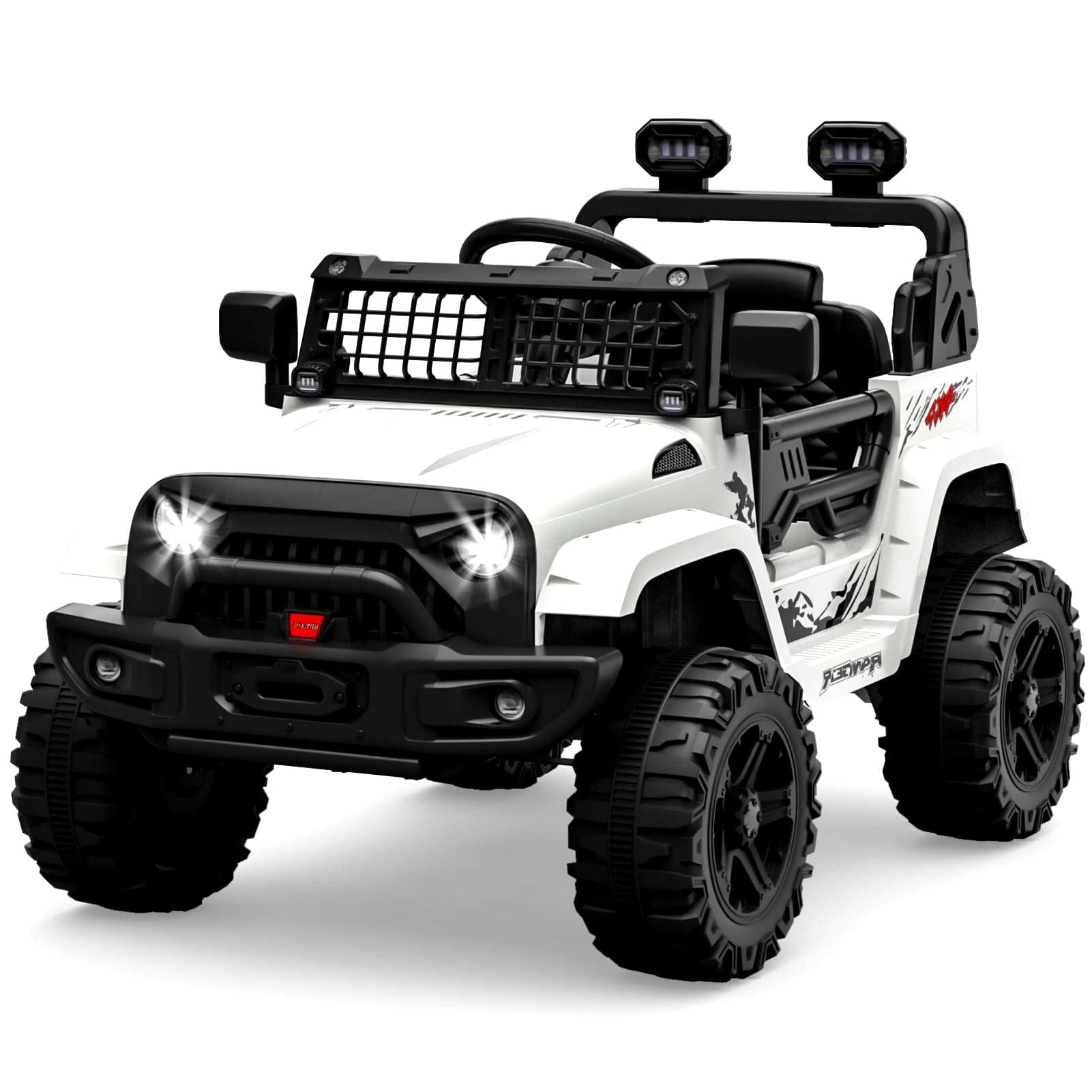 White 12V Kids Ride-On Truck with Remote Control and LED Lights