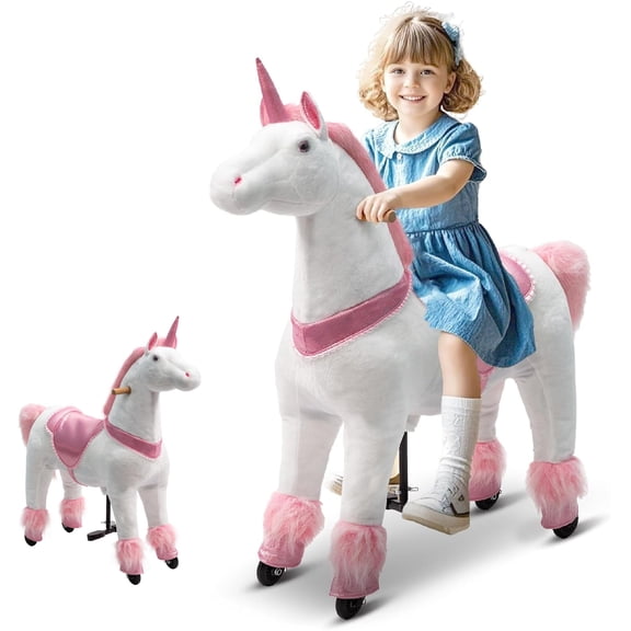 Ride on Unicorn Toy, Cuoote Ride on Toys for Kids 4-9 Years, Mechanical Walking Plush Animal, No Battery, 165 LBS Capacity